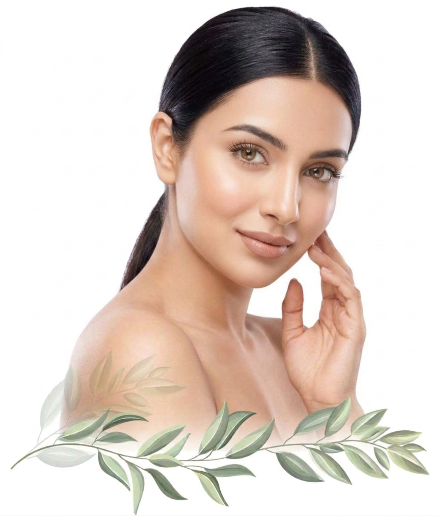 "Beautiful Indian woman with glowing skin and a sleek low ponytail, representing professional hair and skincare services at HairPoint Women Salon."